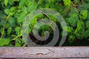 The water droplets on the steel beams formed by a recent rainstorm make crystal clear raindrops on the steel surface look beautifu