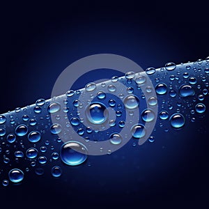 Water droplets of varying sizes on a smooth, curved blue surface create a dynamic