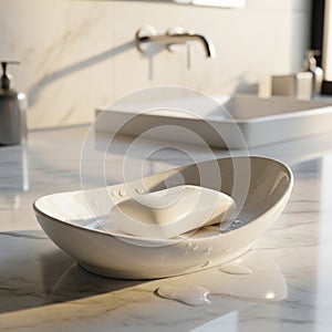 Water droplets are visible around the soap dish suggesting recent use