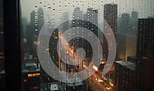 Water droplets on a window panel of an high floor apartment building overlooking blurry , Generative AI during rain