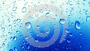 Water Drops background on the Blue glossy surface, Rain droplets photo