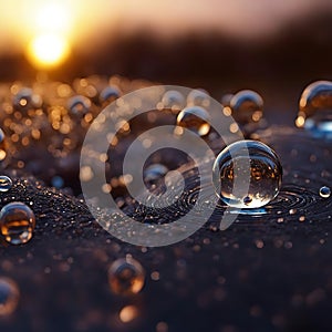 Water drops on the background of the setting sun.