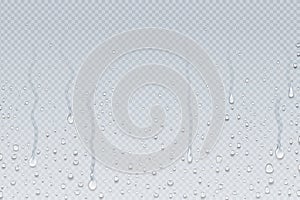 Water drops background. Shower steam condensation drips on transparent glass, rain drops on window. Vector realistic