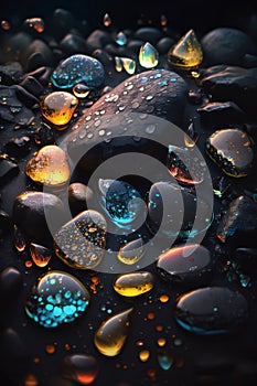 Water drops on black background. Colorful abstract background with water drops