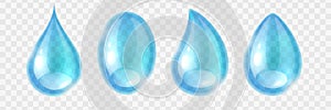 Water drops. Blue aqua drop different forms, raindrops or tears, clear liquid closeup isolated realistic droplet