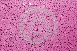 Water drops on car surface in pink tone