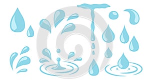 Water drops. Cartoon tears, nature splash elements. Isolated raindrop or sweat, wet droplets of dew shapes. Isolated