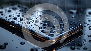 Water drops on a cell phone resting on a wet surface