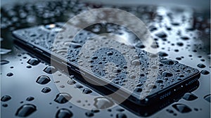 Water drops on a cell phone resting on a wet surface