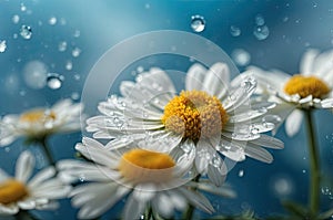 Water drops on chamomile flower close-up macro on a blue backgro