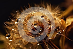 Water drops on dandelion seed macro in nature in yellow and gold tones.