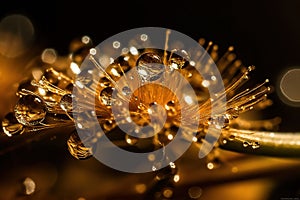 Water drops on dandelion seed macro in nature in yellow and gold tones.