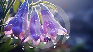 Water drops dripping from bright purple lilac campanula hanging