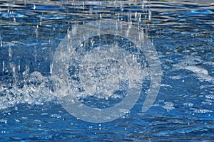 Water drops fall on the surface and form circles and funnels.