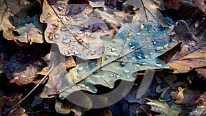 Water drops on fallen oak leafs