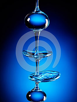 Water drops falling one on top of the other successively, blue background.