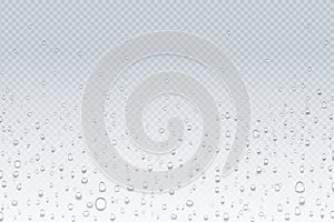 Water drops on glass. Rain droplets on transparent window, steam condensation pattern, shower glass. Vector water drops