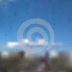 Water drops on glass after rain. Raindrop on the window vector. Droplet on blue sky background with clouds.