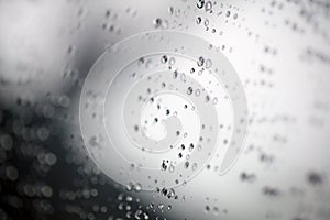 Water drops on glass..Selected focus drop of water on the glass outside the car in the raining day