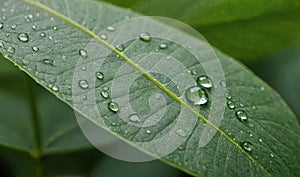 Water drops on green leaf abstract background. Raindrops, water on leaf. Fresh, juicy, beautiful tree leaf closeup. Summer, nature