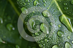 Water drops on green leaf, closeup