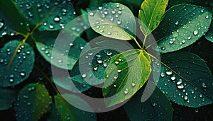 Water drops on green leaves, beauty of nature details