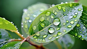 Water drops on green leaves, beauty of nature details