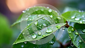 Water drops on green leaves, beauty of nature details element
