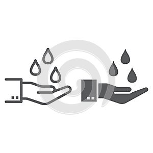 Water drops in hand line and glyph icon, ecology