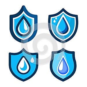 Water drops icon in shield. Water droplets protection icon collection