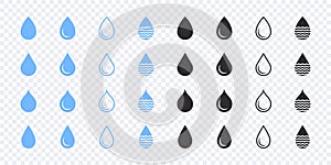 Water drops icons set. Blue and black water drops icons. Vector scalable graphics