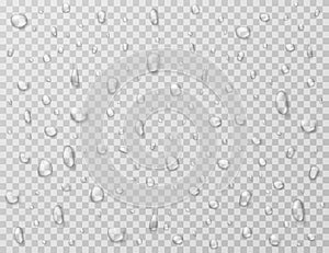 Water drops isolated. Rain drop splashes, droplets on glass transparent window. Raindrop vector texture