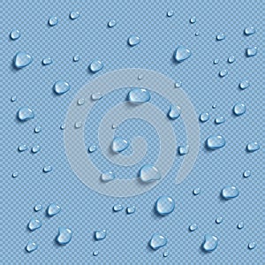 Water drops isolated on transparent background. Realistic pure droplets condensed. Vector illustration