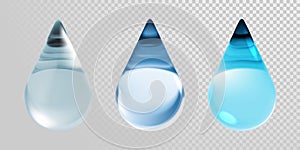 Water drops isolated on transparent background. Vector 3d realistic clean blue water droplets for moisturizer cream or hyaluronic