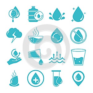 Water drops nature liquid save environment, drink, blue silhouette style icons set