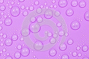 Water drops on purple background texture. Backdrop glass covered with drops of water.  violet bubbles in water