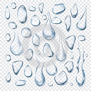 Water drops. Realistic 3d rain droplet shape on glass. Condensation clean drop. Fresh effect. Aqua drip on transparent