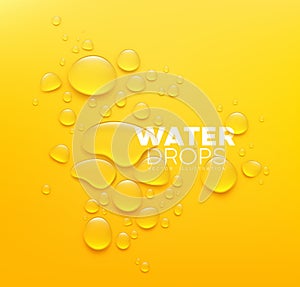 Water drops realistic, poster design on yellow background