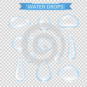 Water drops. Realistic water rain drops set isolated on transparent background. Vector pure water bubbles on window