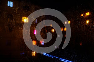 Water drops reflections on the window in night