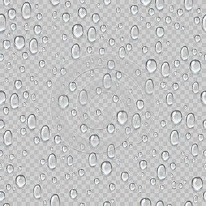 Water drops seamless pattern. Rain droplets on window fogged glass. Fresh drop raindrops. Condensation watering isolated photo