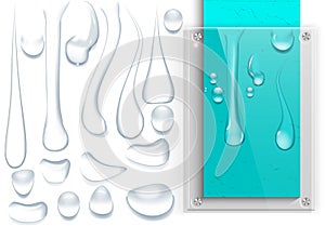 Water drops set. 3D realistic transparent stains and splashes of rain. Glass plate for design concept