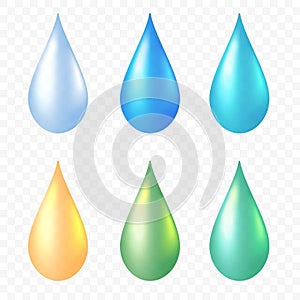 Water drops set isolated on transparent background. Different color shiny raindrops. Realistic drops of oil for eco natural