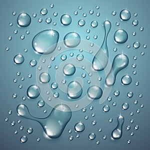 Water drops in shower or pool, condensate or rain droplets realistic transparent  illustration, easy to put over any