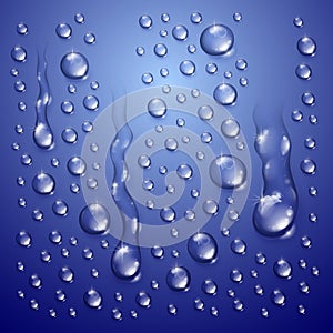 Water drops in shower or pool, condensate or rain droplets realistic transparent vector illustration, easy to put over any