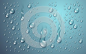 Water drops in shower or pool, condensate or rain droplets realistic transparent vector illustration, easy to put over any