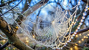 Water drops on spider web on tree branch