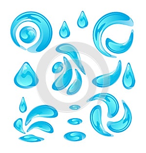 Water drops, splashing waves, set isolated on whit