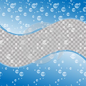 Water drops on transparent background. Blue pattern with water bubbles. Vector Illustration. Ecological environment background wit