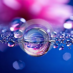 Water drops on water surface with pink flower background, macro photo. AI generated